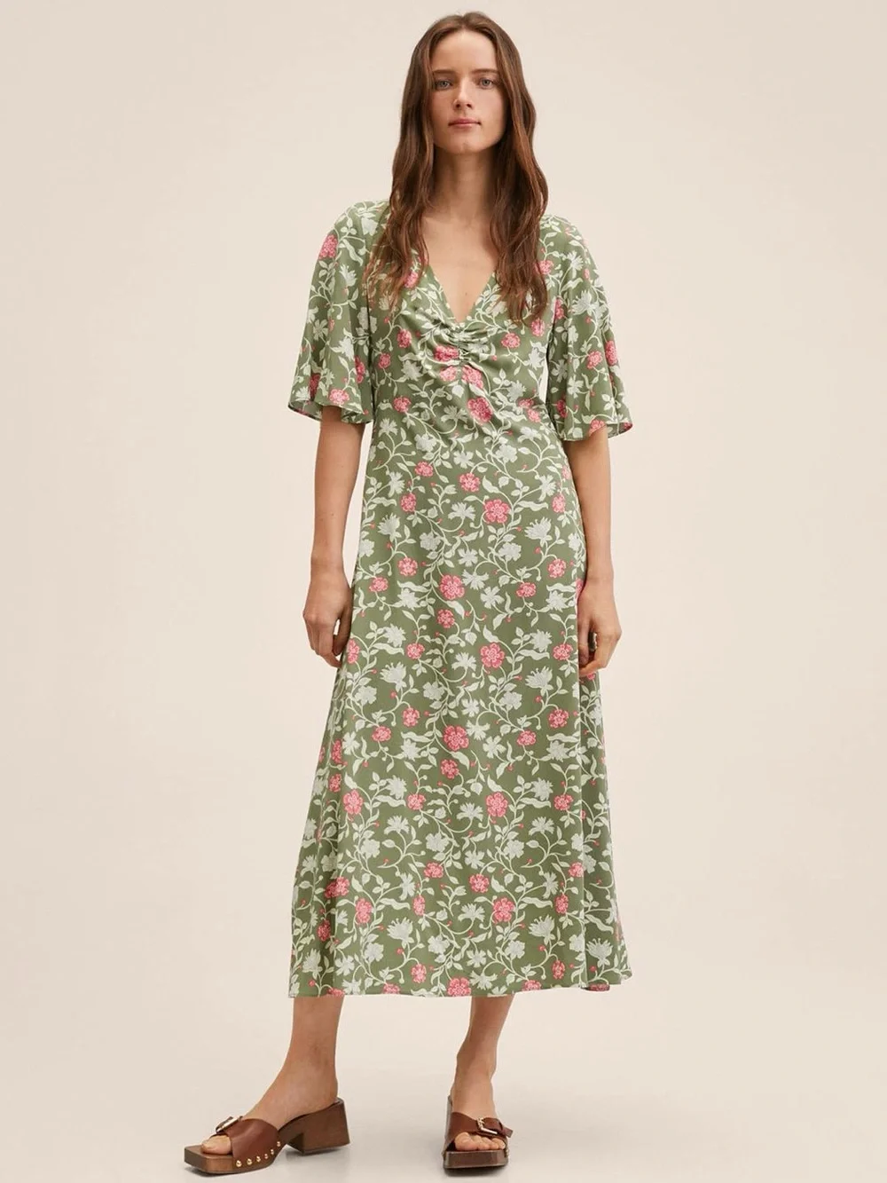 Mango Green Floral Euro Summer Midi Dress Size 4 - Picture 1 of 10